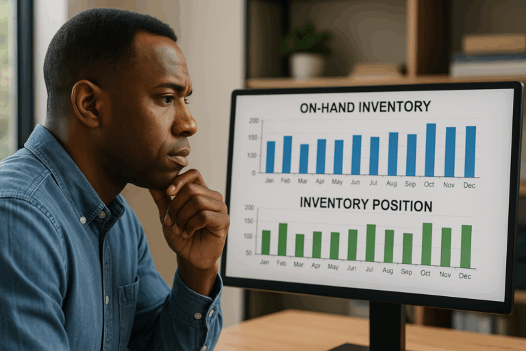 African American inventory manager reviewing charts of on-hand inventory and inventory position on a computer screen