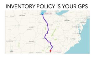 Map showing a GPS route from Chicago, IL to Columbus, GA as a metaphor for how inventory policy guides supply chain decisions.