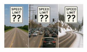 Speed limit signs with question marks overlaid on highway, city traffic, and snowy mountain road scenes, representing variable operating conditions