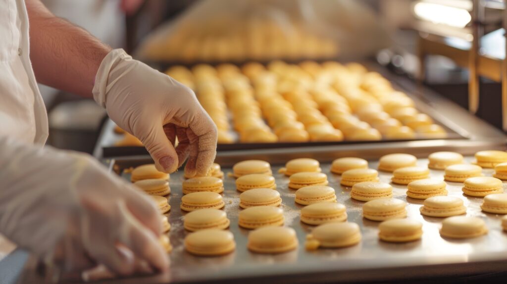 A picture of a batch of french macaroons on trays ready for the oven