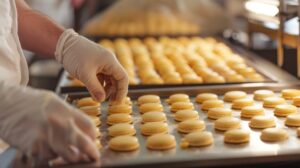 A picture of a batch of french macaroons on trays ready for the oven