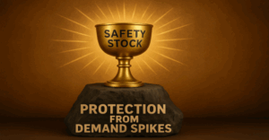 Golden chalice labeled "Safety Stock" radiating light, resting on a stone engraved with "Protection from Demand Spikes" — symbolizing safety stock as the holy grail of inventory protection.