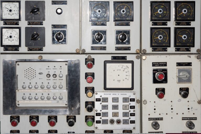 Vintage industrial control panel with gauges, dials, and switches, representing operational control systems in a business context.