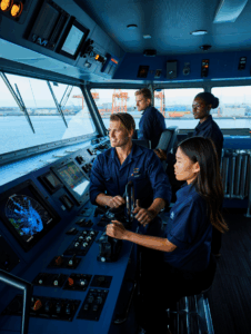 Crew of a commercial cargo ship safely entering port. Provides a metaphor of how operations science can help new leaders quickly and effectively navigate in a new role to build rapport with their managers and teams and achieve rapid success.
