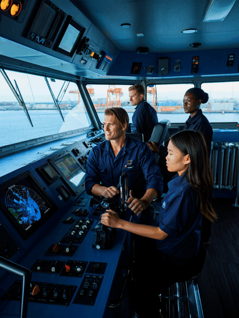 Crew of a commercial cargo ship safely entering port. Provides a metaphor of how operations science can help new leaders quickly and effectively navigate in a new role to build rapport with their managers and teams and achieve rapid success.