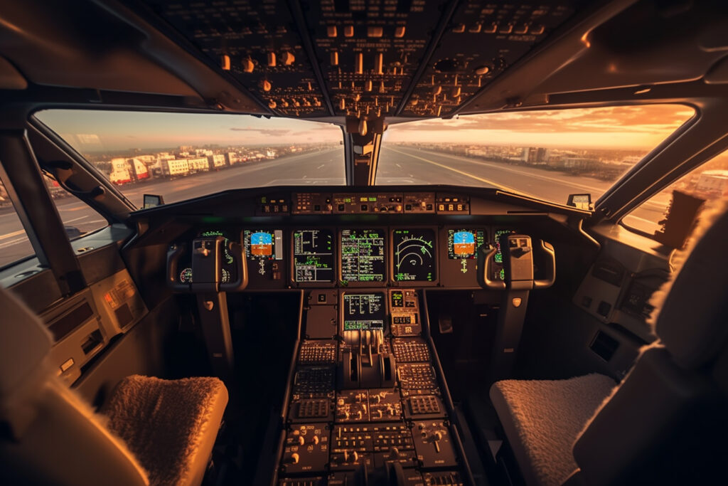 View from an airplane's cockpit facing the runway and showing the control panels as a metaphor of operations science as providing a dependable set of controls for operations performance.