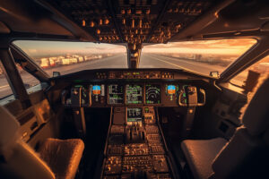 View from an airplane's cockpit facing the runway and showing the control panels as a metaphor of operations science as providing a dependable set of controls for operations performance.