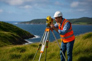 Surveyor in safety gear using equipment to assess landscape near the ocean, representing objective evaluation in supplier relationships.