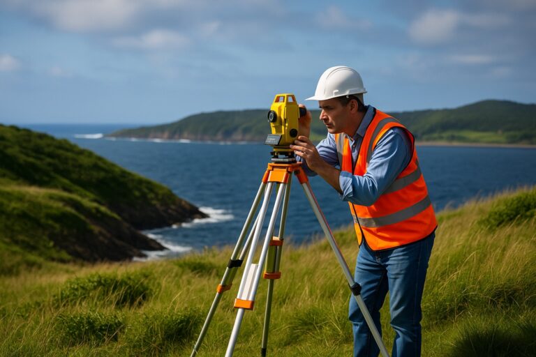 Surveyor in safety gear using equipment to assess landscape near the ocean, representing objective evaluation in supplier relationships.