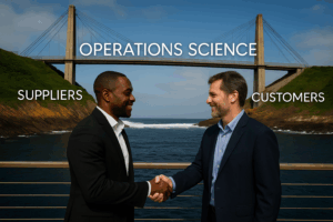 African American supplier and Caucasian customer shaking hands in front of a bridge labeled “Operations Science,” symbolizing collaboration and mutual success through supply chain management using operations science.