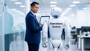 Business leader collaborating with a humanoid robot symbolizing operations science precision and innovation in gemba practices.