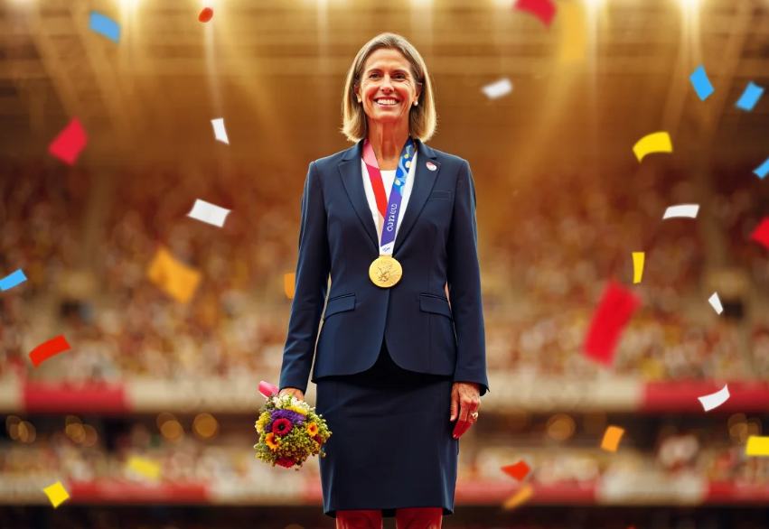 A female business executive stands on the Olympic gold medal podium symbolizing an organization overcoming waste, chaos, and stress through the power of operations science.