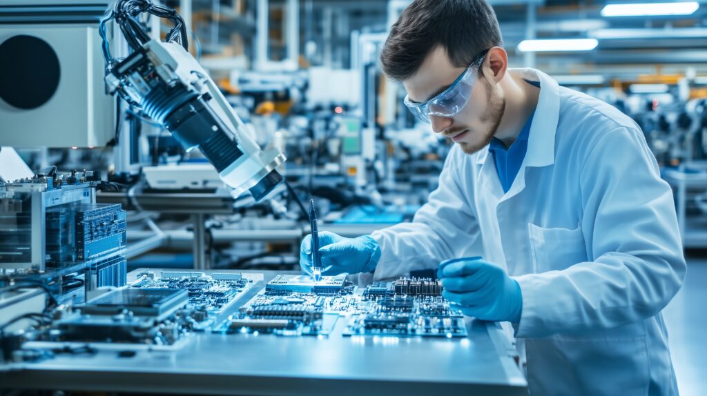 Electronics manufacturing engineer inspecting and assembling circuit boards in a high-tech production environment, illustrating modern electronics manufacturing and operational excellence