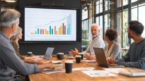 Leadership team reviews a supply chain performance chart on a screen during a planning meeting